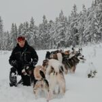 huskies et musheur en laponie en traineau dans la neige